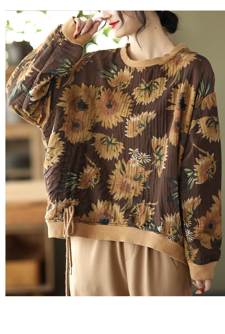 Large Size Slim Round Neck Printed Retro Loose Sweater
