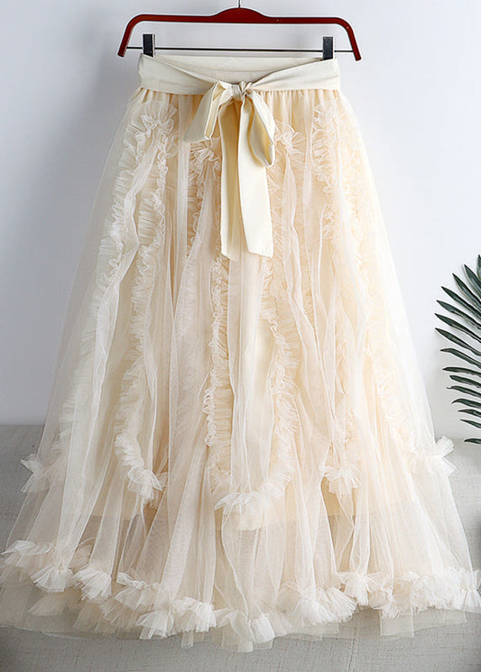 Modern Apricot Ruffled Bow Tie Waist Elastic Waist Tulle a Line Skirts Spring
