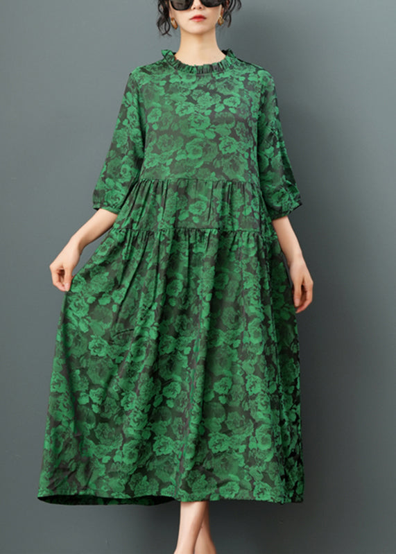 Green O-neck Print Drawstring Maxi Dress Half Sleeve