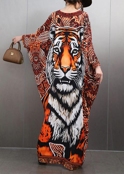 V Neck Animal Print Maxi Dresses Batwing Sleeve