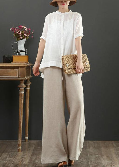 Art White Embroidery Linen Top for Stand Collar Midi Summer Top