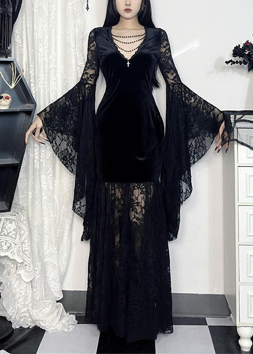 Black V Neck Lace Patchwork Silk Velvet Long Dresses Flare Sleeve