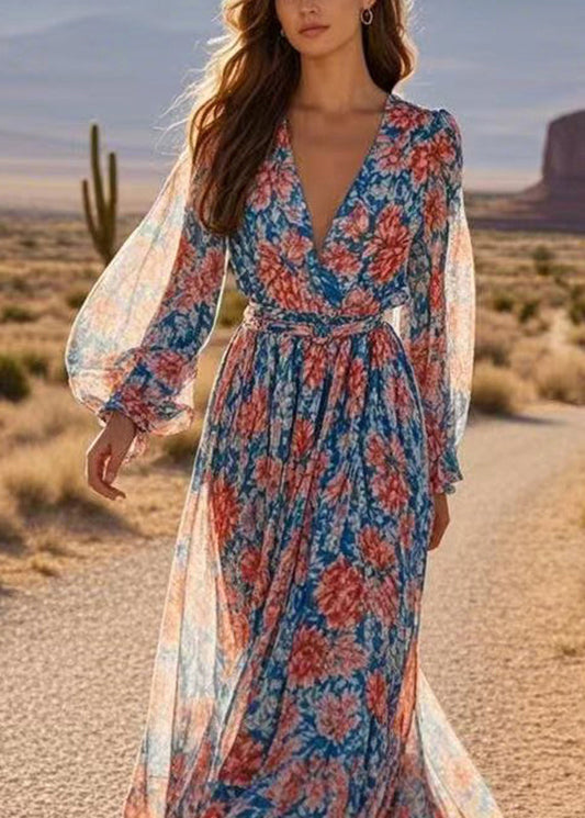 Print Wrinkled Tunic Chiffon Maxi Dresses Spring
