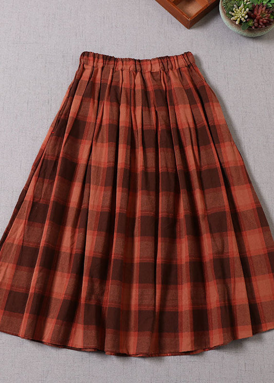 Fine Chocolate Plaid Wrinkled Pockets Cotton Skirt Spring