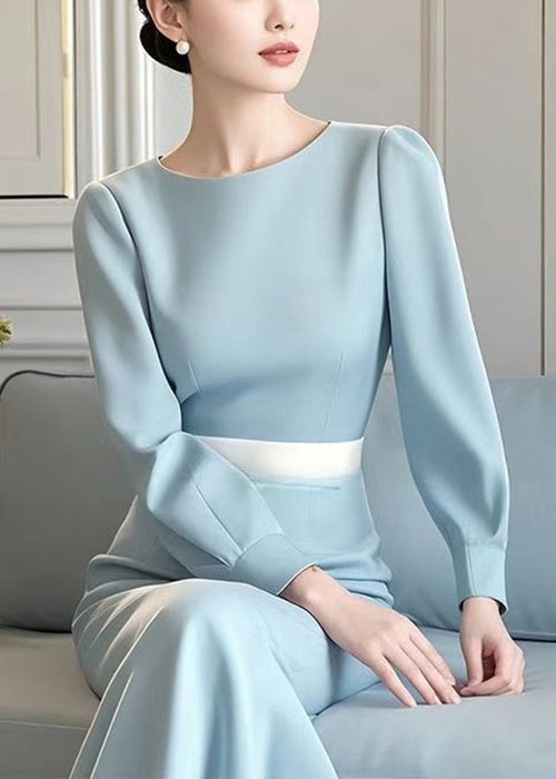Blue O Neck High Waist Cotton Long Dress Spring