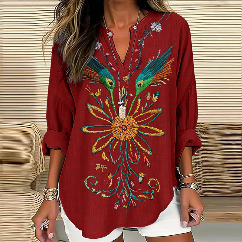 Women's Retro Ethnic Flower And Bird Art V-neck Shirt elevenforest