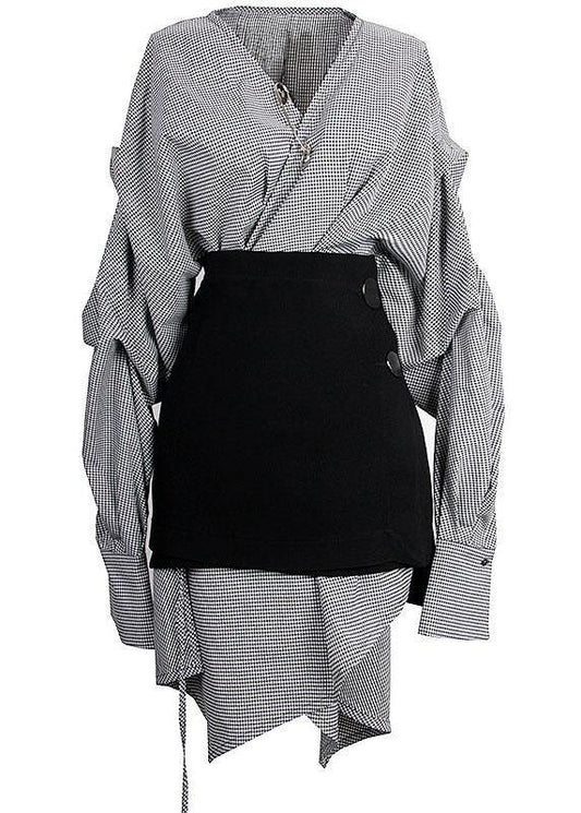 Plaid V Neck Asymmetrical Designlong Sleeve Dress + Black Straight Skirt Two Pieces Set