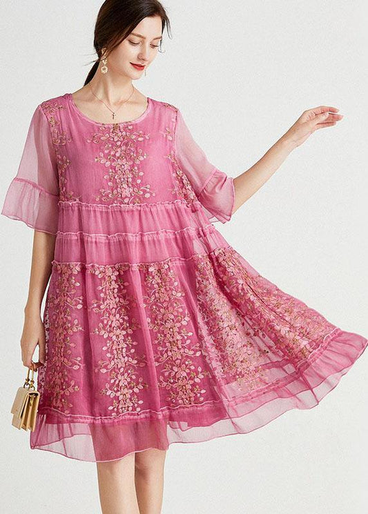 Rose Embroidered Patchwork Summer Dresses Half Sleeve