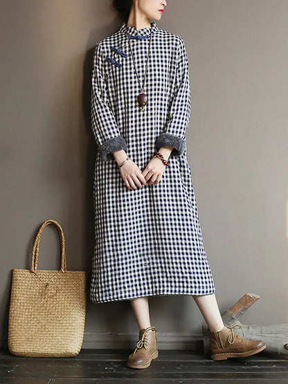 Chinese Style Winter Frog Thick Plaid Robe Dress