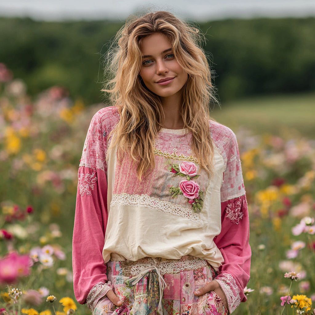 Women's Patchwork Lace Embroidered Flowers Contrasting T-shirt elevenforest