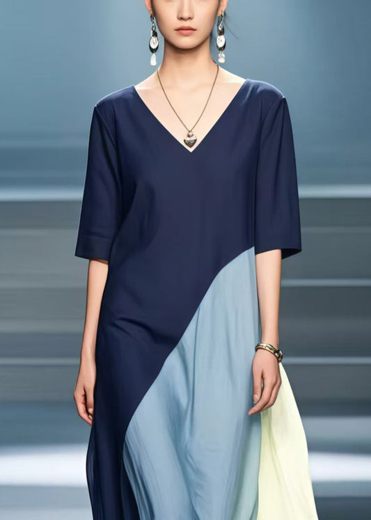 Art Navy Asymmetrical Design Cotton Fake Two Piece Dresses Summer