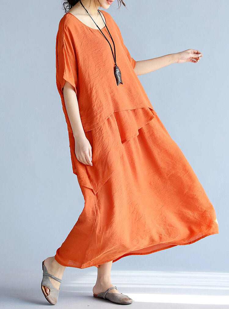 Baggy Gray Long Linen Dresses Oversized Layered Cotton Maxi Dress Short Sleeve Cotton Clothing