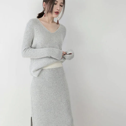 Gray Knit Sweaters Clothing V Neck Knitted Blouses Side Open Skirt Two Pieces
