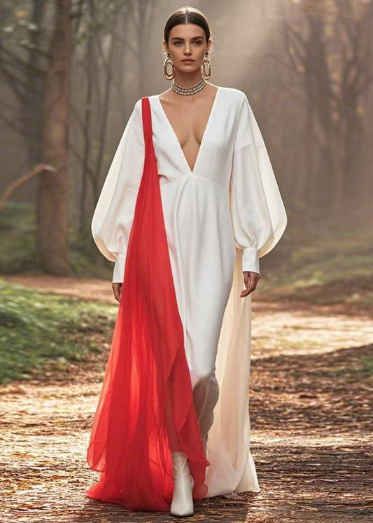 White V Neck Patchwork Silk Dress Lantern Sleeve