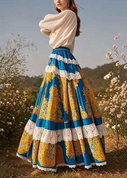 Art Peacock Blue Print Patchwork Lace Exra Large Hem Skirt Spring