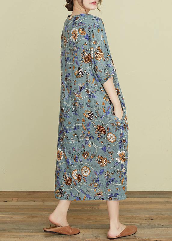 Handmade V Neck Pockets Summer Wardrobes Sewing Gray Print Robe Dresses