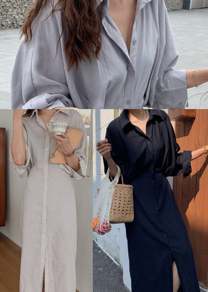 Grey Blue Button Cotton Shirt Dress