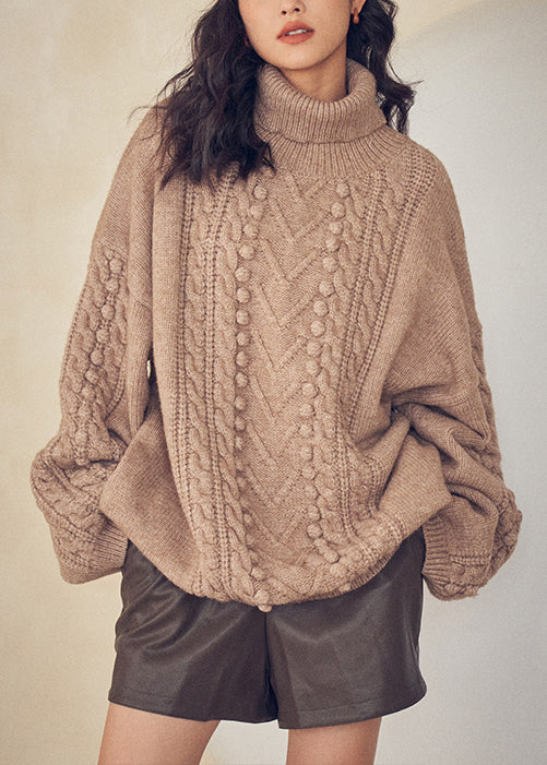 Caramel Turtleneck Cable Knit Sweaters Top Fall