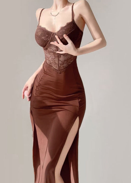 Brown Side Open Maxi Spaghetti Strapdresses Sleeveless