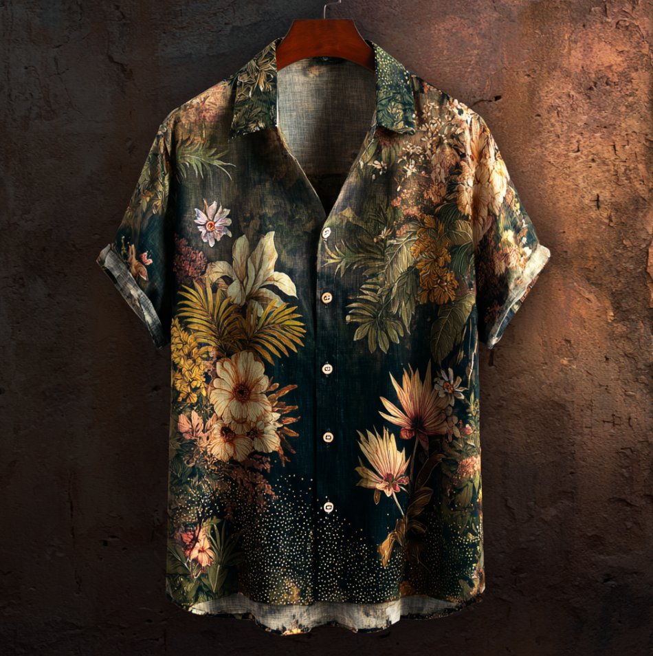 Bohemian Style Plant And Flower Pattern Men's Retro Cotton And Linen Shirt elevenforest
