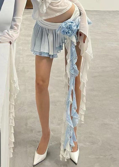 Blue Asymmetrical Elastic Waist Lace Skirts Summer