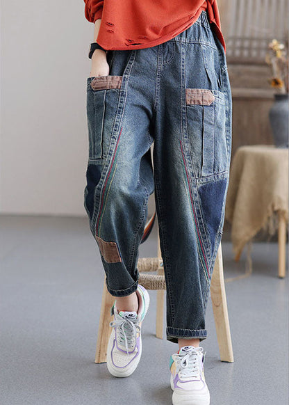 Blue Pockets Patchwork Fall Denim Pants