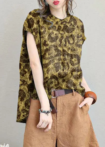 Unique O Neck Linen Tops Blouses Low High Design Clothing Gray Green Shirt