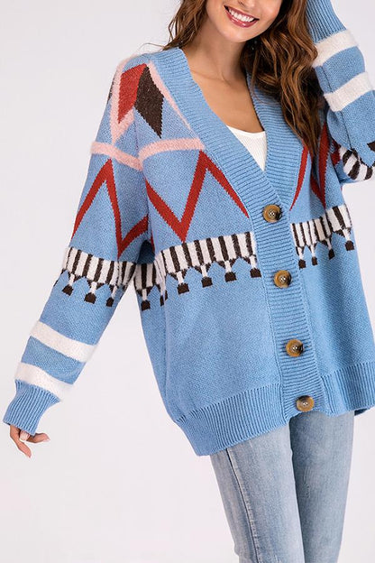 Geometric V Neck Loose Cardigan