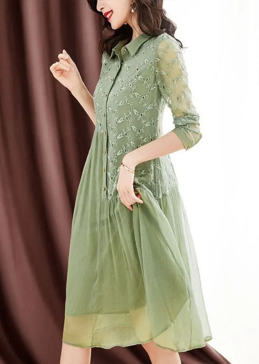 Green Peter Pan Collar Embroideried Patchwork Wrinkled Silk Long Dresses Long Sleeve