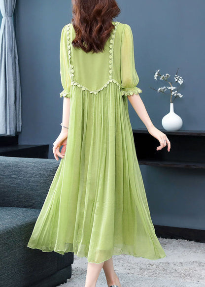 Green Color Lace Up Wrinkled Chiffon Dress Half Sleeve