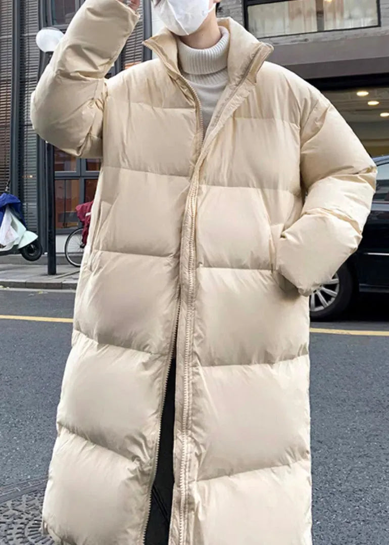 Simple Khaki Zip Up Pockets Duck Down Down Long Coats Winter