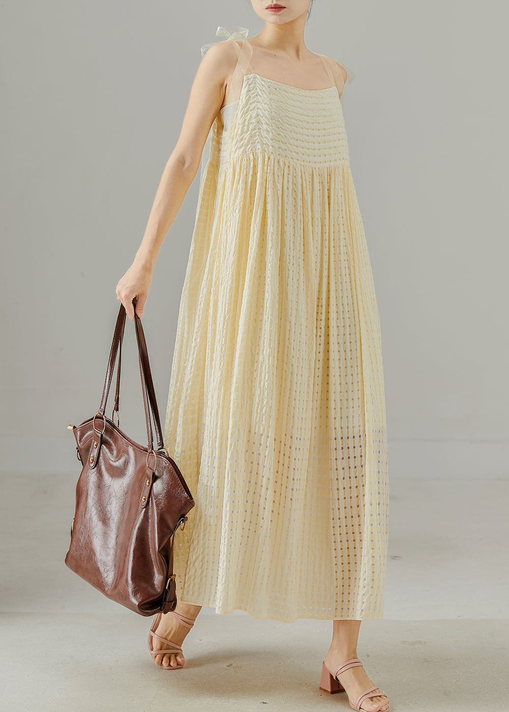 Yellow Hollow Out Cotton Cami Dresses Summer