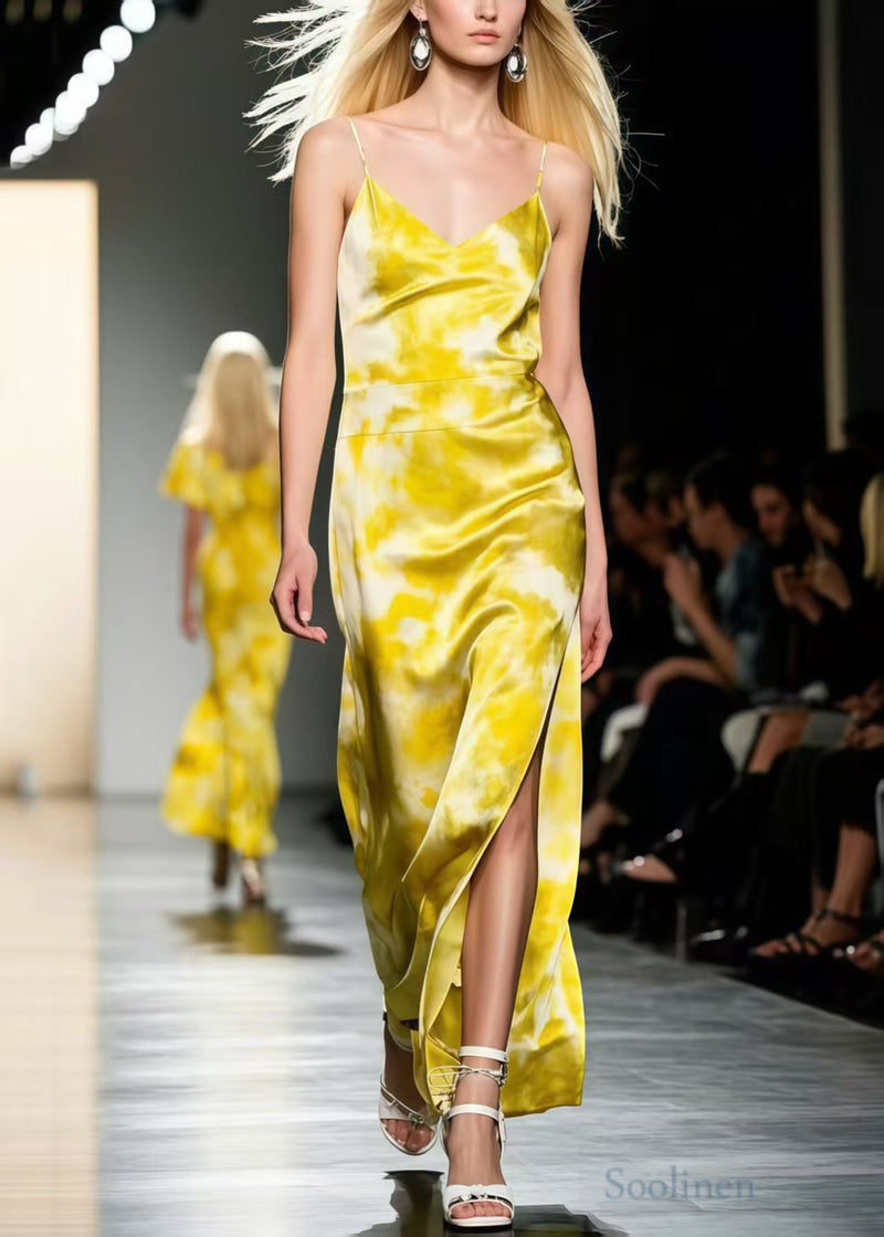 Yellow Tie Dye Side Open Silk Spaghetti Strap Dress Summer