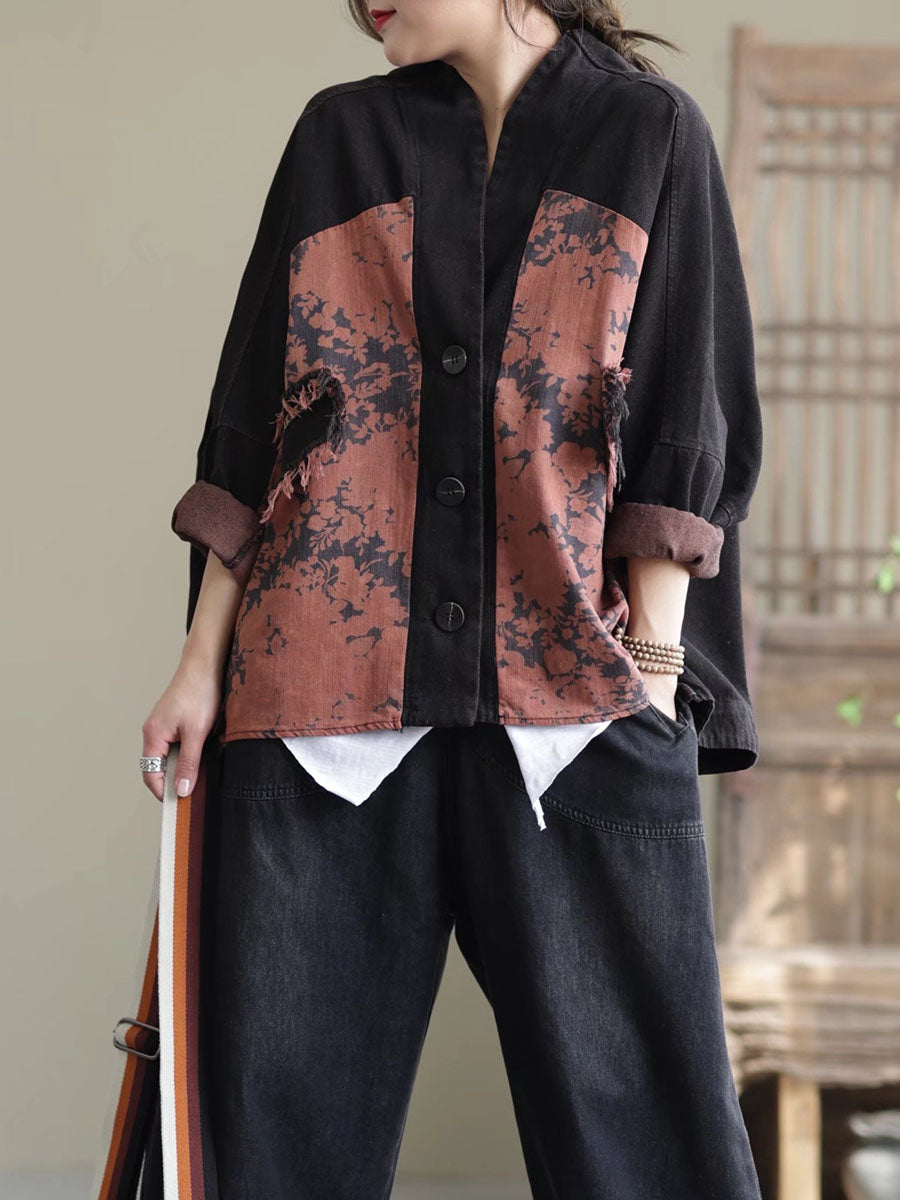 Spring Artsy Spliced Tie-dye Button Denim Coat