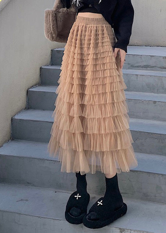 Slim Fit Khaki Elastic Waist Tulle a Line Skirts Spring