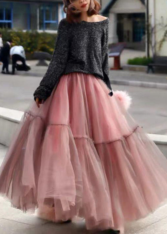 Pink Ruffled Tulle Cinched Circle Fall Skirt