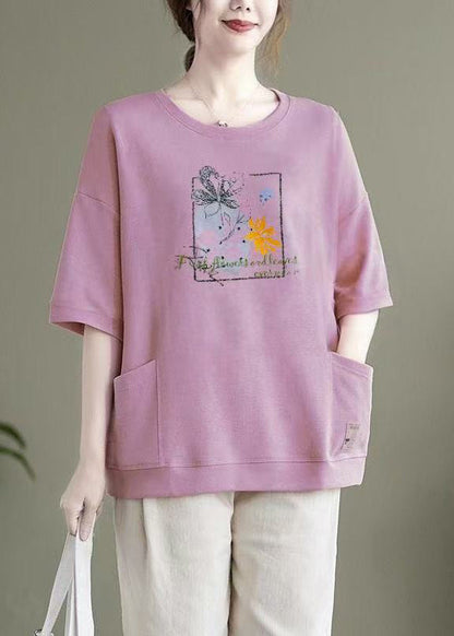 Light Purple O Neck Pockets Patchwork Cotton Top Summer