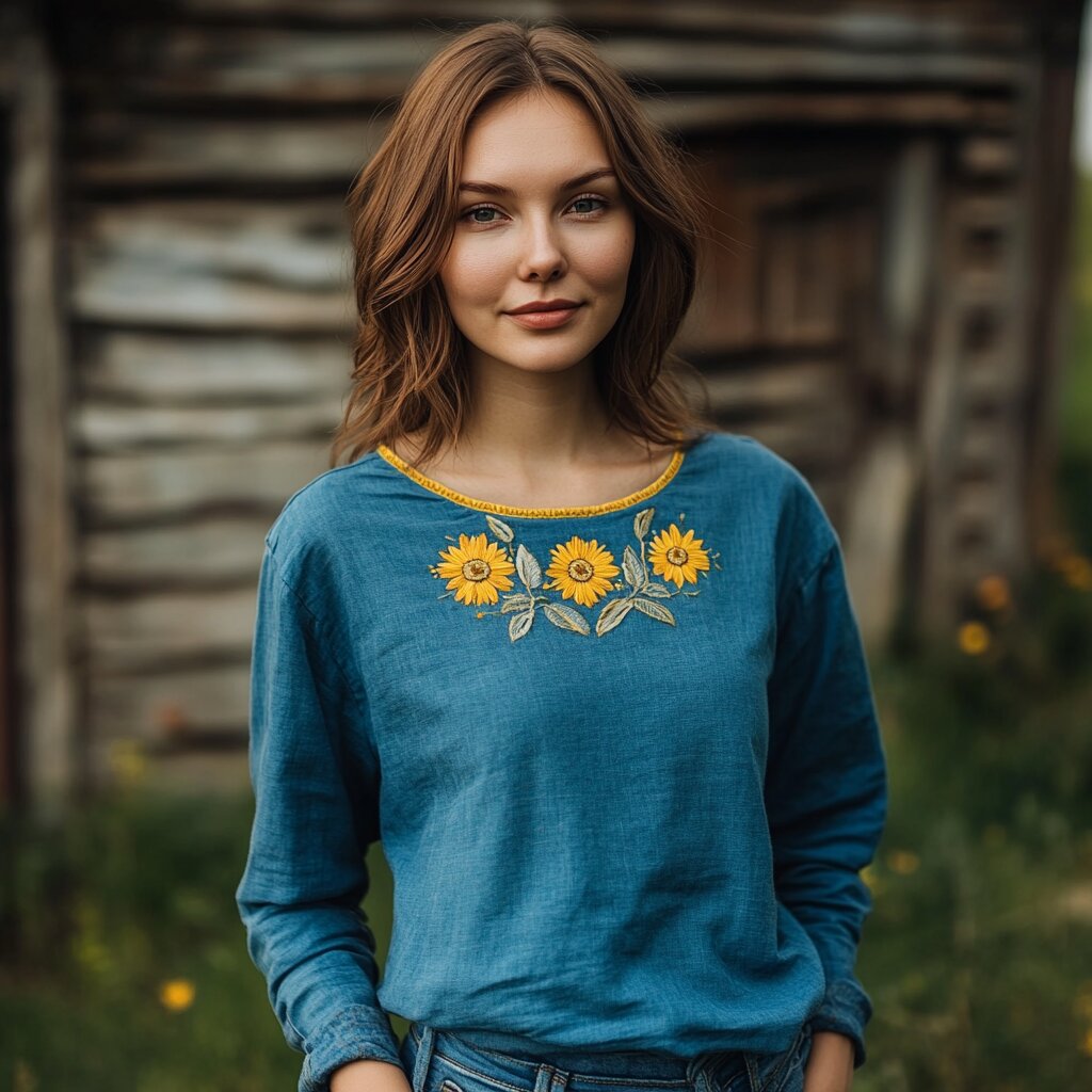 Vintage Sunflower Floral Linen Crew Neck T-shirt elevenforest