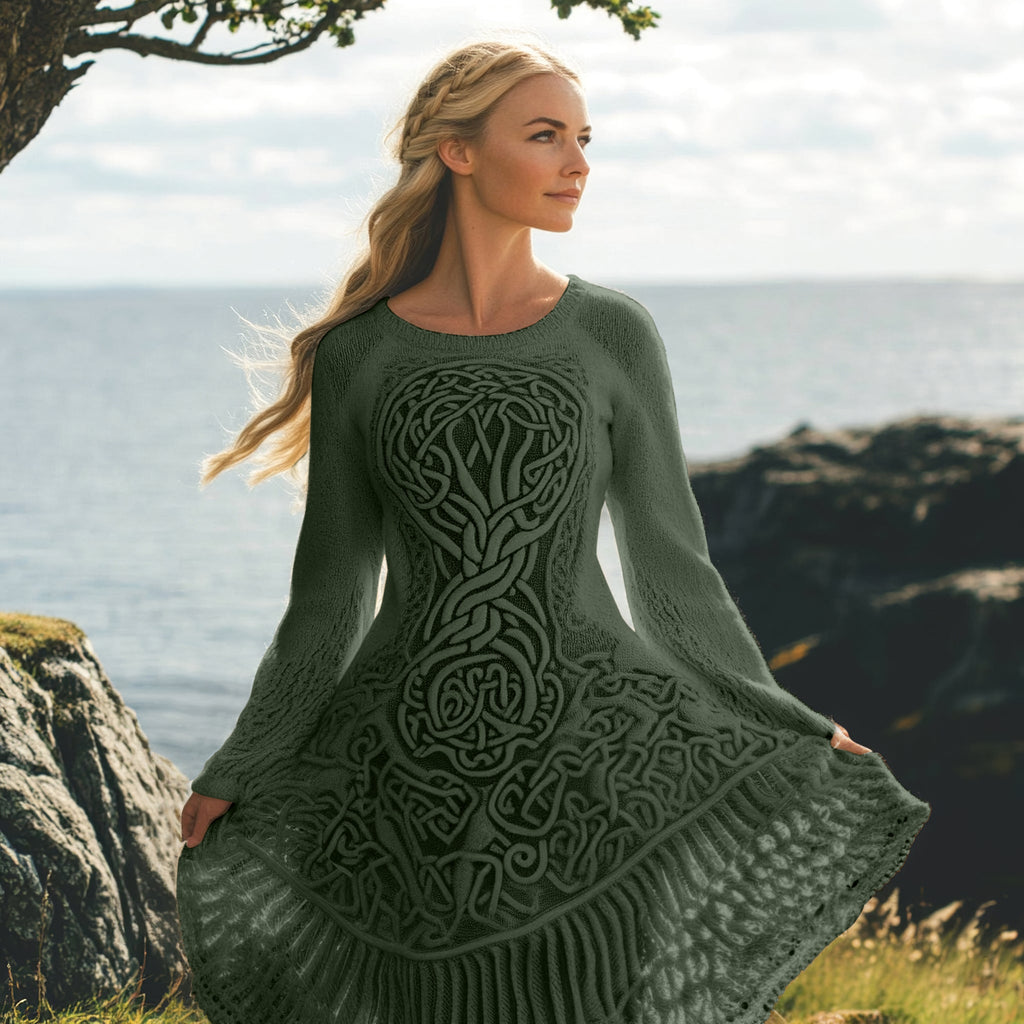 Women's Celtic Knot And Tree Of Life Long Sleeve Sweater Dress artswardrobe