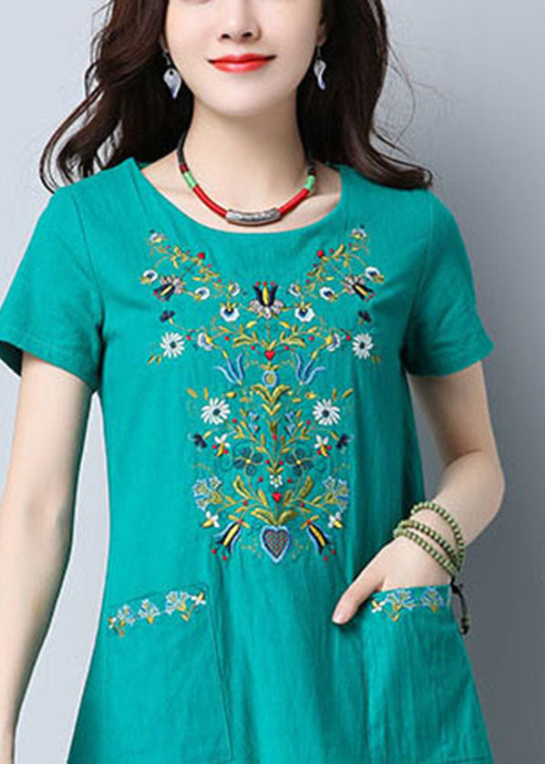 Green O-neck Side Open Embroidered Pockets Cotton Dresses Short Sleeve