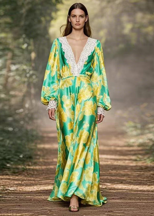 Green V Neck Print Lace Patchwork Silk Dress Spring