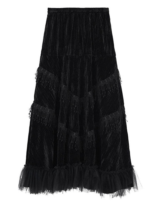 Black Patchwork Tulle Tasseled Velour Skirts Spring