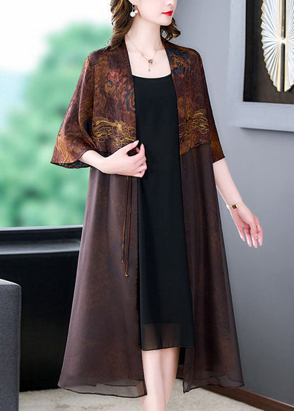 Coffee Tasseled Print Patchwork Silk Cardigan Summer