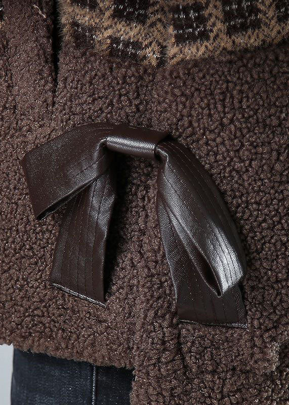 Khaki Peter Pan Collar Pockets Plaid Faux Fur Coats Winter