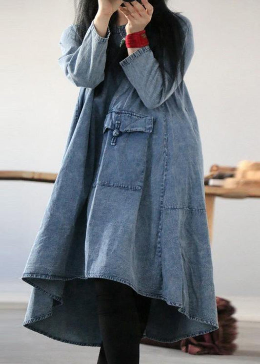 Denim Blue U Neck Dress Large Hem Mid Dress