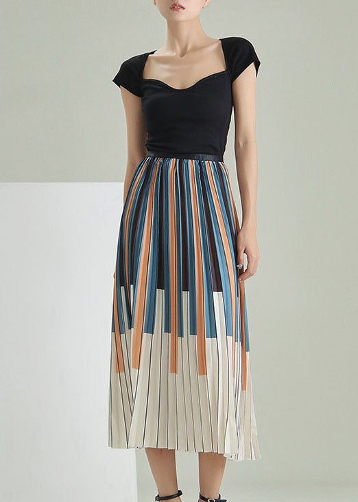 Fitted Colorblock Striped Print Pleated Skirt Spring