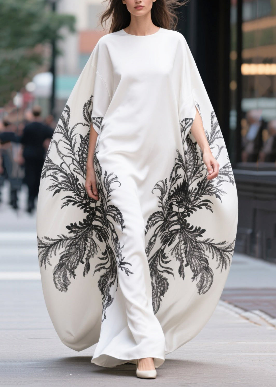 White Oversized Print Cotton Vacation Dresses Batwing Sleeve