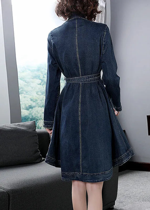 Italian Blue V Neck Sashes Embroideried Cotton Denim Dress Long Sleeve