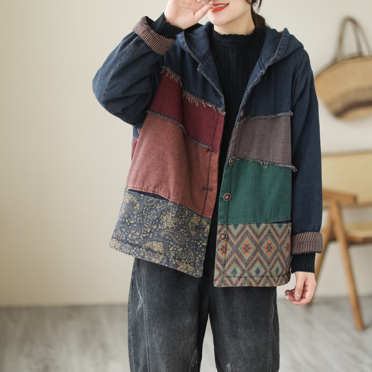 Padded Thick Loose Colorblock Denim Jacket