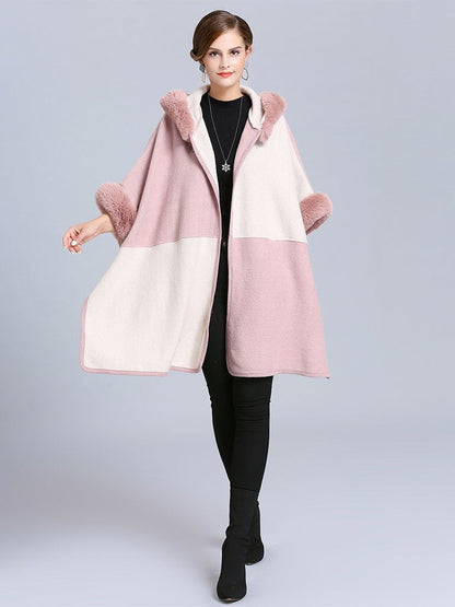 Poncho Cape Faux Fur Hooded Plaid Cape Coat
